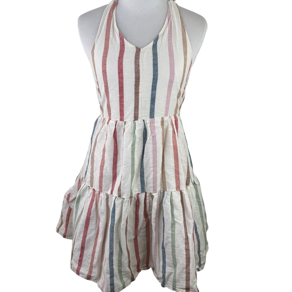 American Eagle Multicolor Striped Halter Tiered Linen Dress Size Small